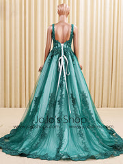 Dark Green Lace Formal Ball Gown Evening Dress with Low Back RS201612