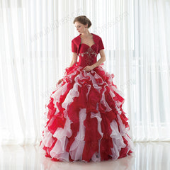 Strapless Red Ball Gown with Ruffle Skirt and Jacket EN19090086