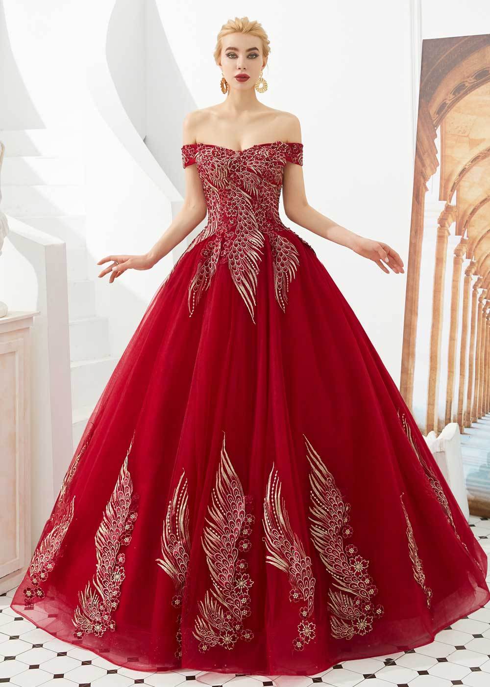 Ball Gown Pretty Prom Colors Dark Red Off The Shoulder Ball Gown