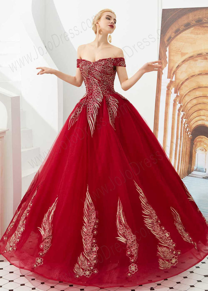 Dark Red Off the Shoulder Ball Gown Prom Formal Dress