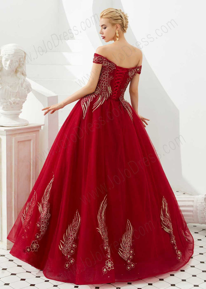 Dark Red Off the Shoulder Ball Gown Prom Formal Dress with Corset Back