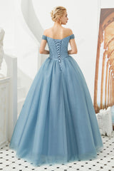 Dusty Blue Ball Gown Prom Evening Dress with Off the Shoulder Neckline