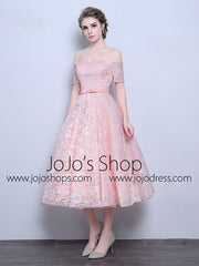 Pink Strapless Off Shoulder Tea Length Wedding Dress | DV3016
