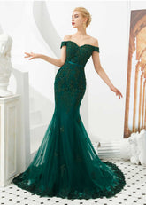 Emerald Green Mermaid Lace Prom Formal Dress with off the shoulder neckline