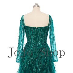 Sparkly Green Maxi Formal Prom Evening Dress with Sleeves EN5503