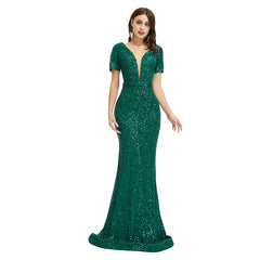 Sexy Emerald Green Sparkly Maxi Fitted Formal Evening Dress EN5001