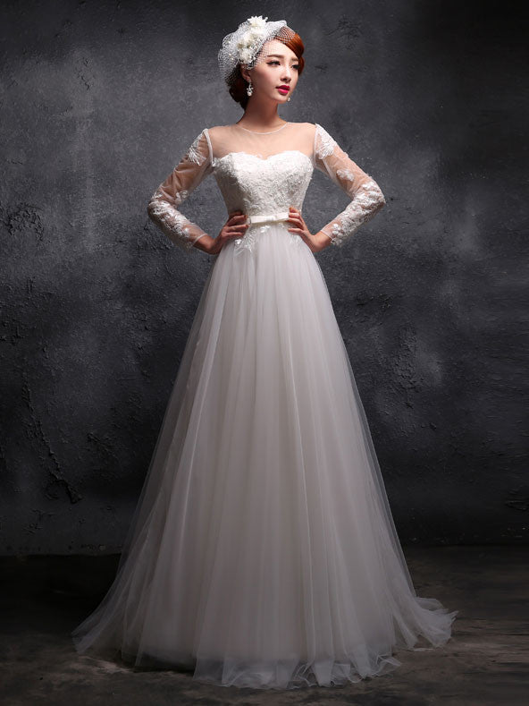 Modest Vintage Style Empire Waist Long Sleeves Lace Dress Formal Evening Gown Prom Dress X027 Size 16 / White Modest Vintage Style Empire Waist Long Sleeves Lace Dress Formal Evening Gown Prom Dress X027 Size 16 / White