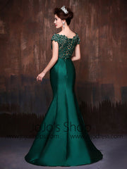 Forest Green Elegant Mermaid Fitted Lace Formal Evening Prom Dress with Cap Sleeves and Beadings | X002