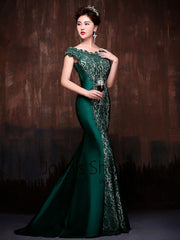 Forest Green Elegant Mermaid Fitted Lace Formal Evening Prom Dress with Cap Sleeves and Beadings | X002