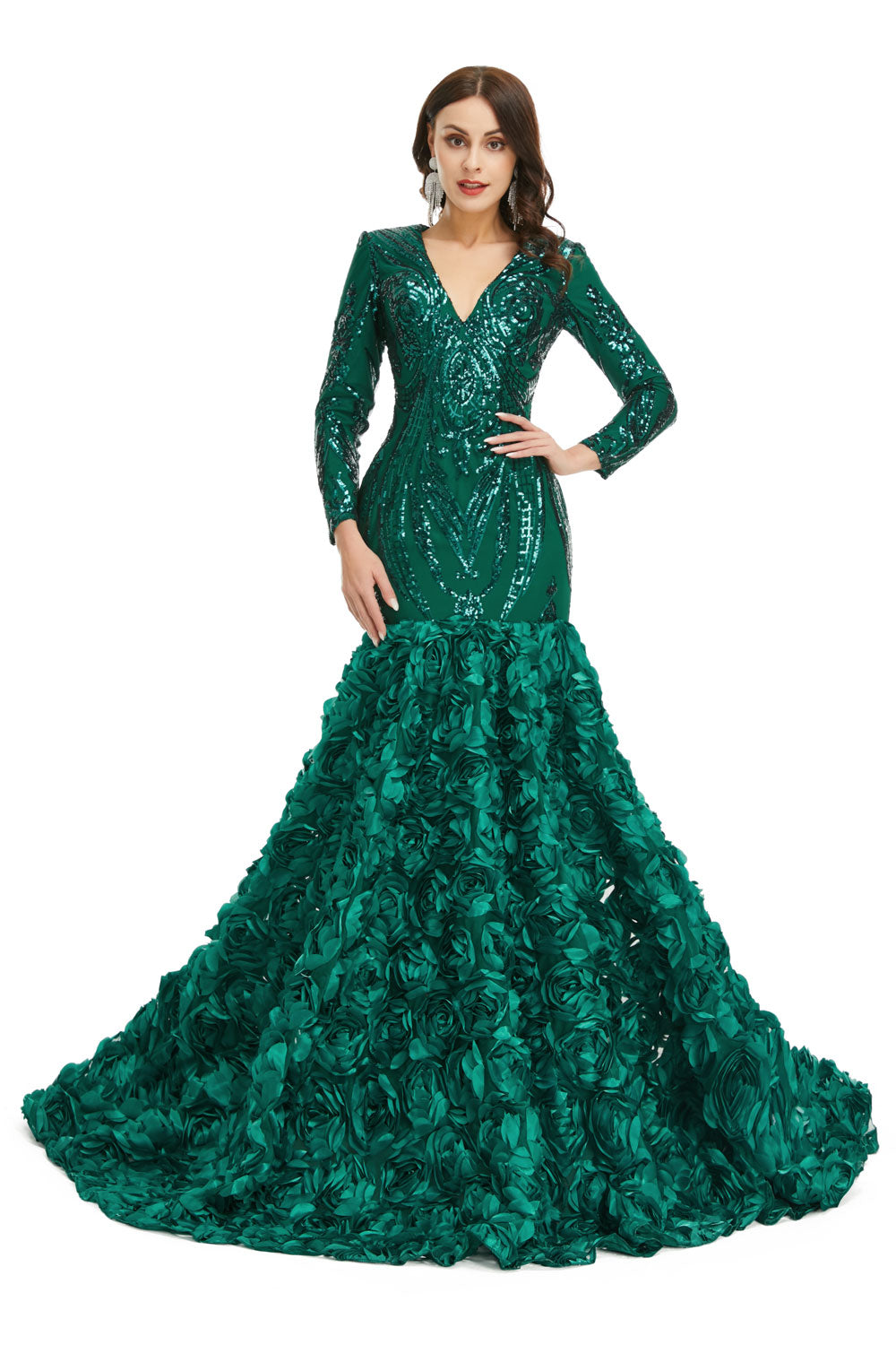 Hunter Green Sparkly Fitted Long Evening Dress with Rosette Skirt EN50 Hunter Green Sparkly Fitted Long Evening Dress with Rosette Skirt EN50