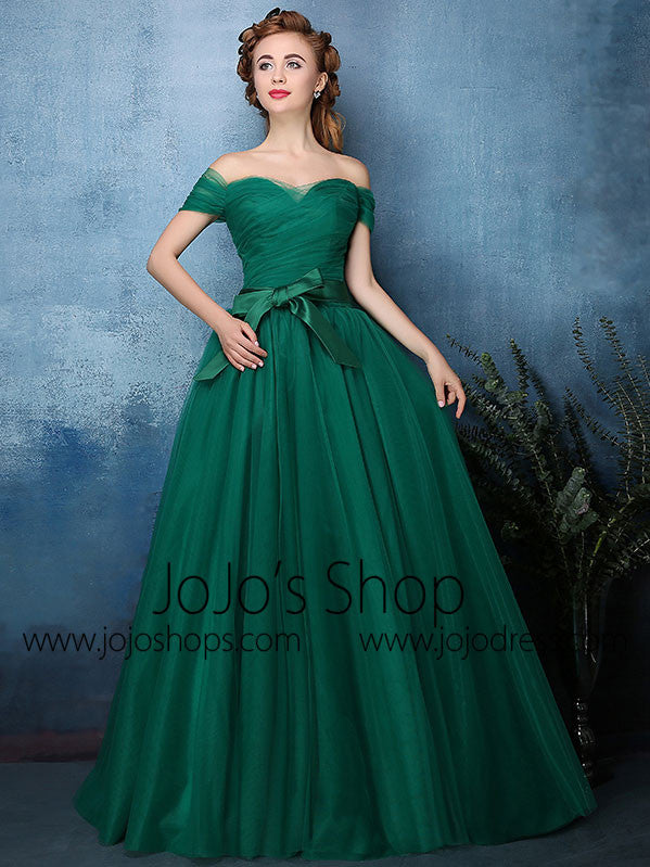 Forest Green Off Shoulder Tulle Ball Gown Formal Dress | X1603