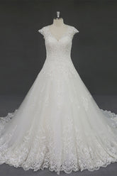 Lace Ball Gown Wedding Dress with Cap Sleeves RD2001
