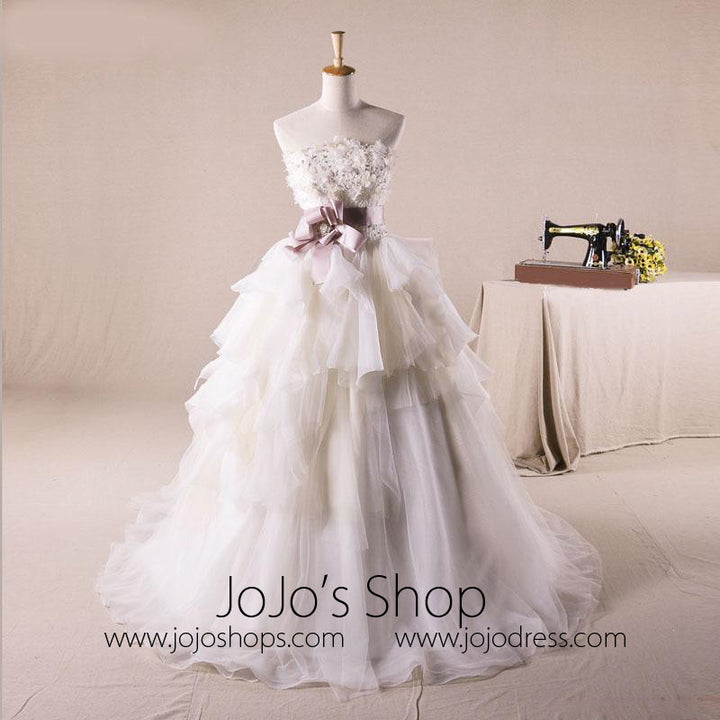 Strapless Floral Organza Debutante Ball Gown Wedding Dress