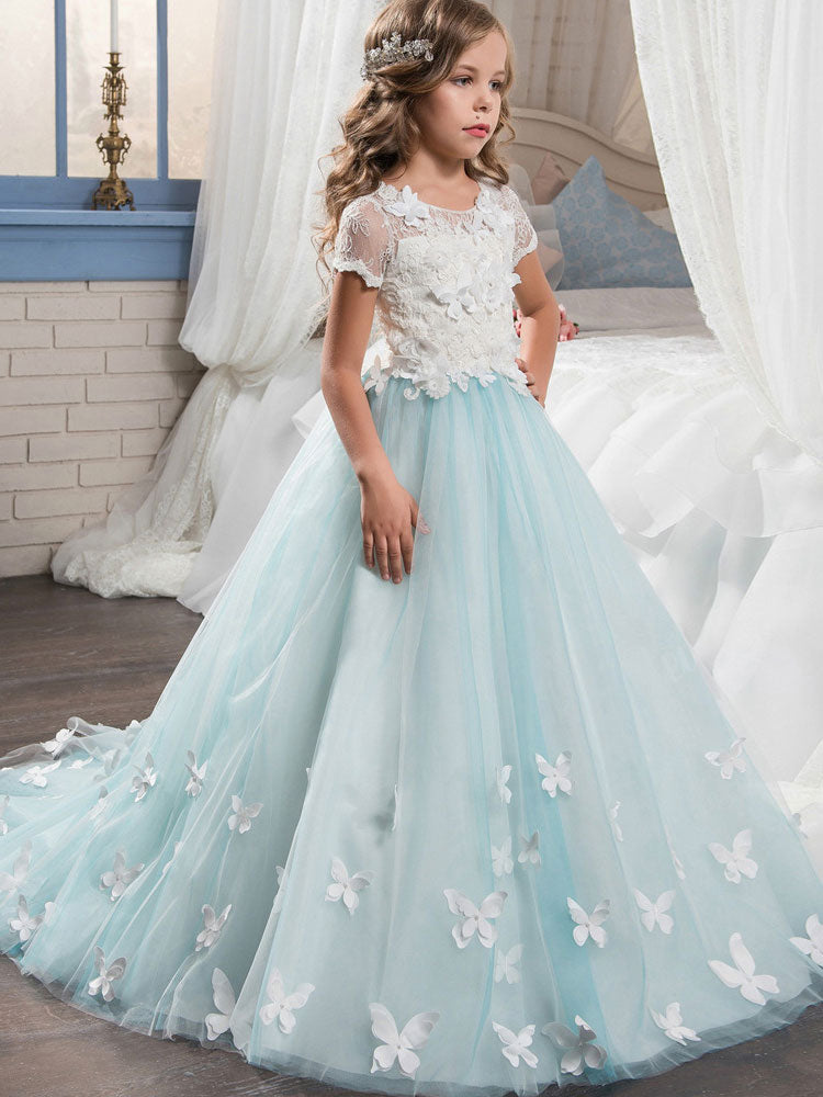 female birthday dress Butterfly Knee Length Birthday Party Flower Girl Dress Blue D090 DreamyVow