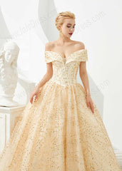 Gold Off the Shoulder Ball Gown Prom Formal Dress