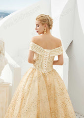 Gold Off the Shoulder Ball Gown Prom Formal Dress