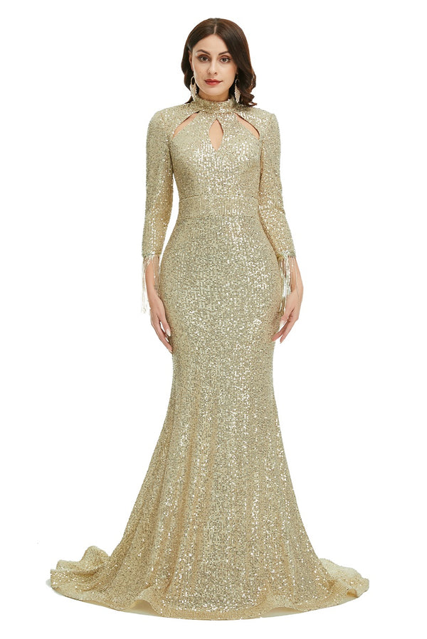 Gold Sparkly Sequins Maxi Long Formal Evening Dress EN5003
