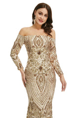 Sexy Gold Off the Shoulder Maxi Fitted Gala Formal Evening Dress EN5009
