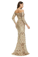 Sexy Gold Off the Shoulder Maxi Fitted Gala Formal Evening Dress EN5009