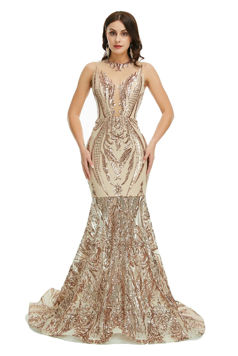 Gold Sequins Maxi Mermaid Formal Prom Evening Dress EN5007