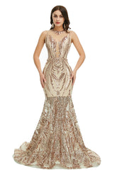 Gold Sequins Maxi Mermaid Formal Prom Evening Dress EN5007