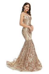 Gold Sequins Maxi Mermaid Formal Prom Evening Dress EN5007