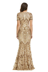 Gold Modest Maxi Fitted Gala Formal Evening Dress EN5010