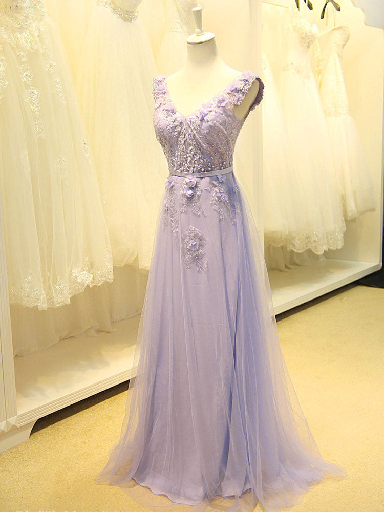 Grecian V Neck Lavender Floral Formal Prom Dress Grecian V Neck Lavender Floral Formal Prom Dress