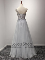 Gray One Shoulder Grecian Prom Formal Dress with Daisy Flower