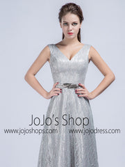 Elegant Grecian Gray Lace Formal Prom Dress with V Neck