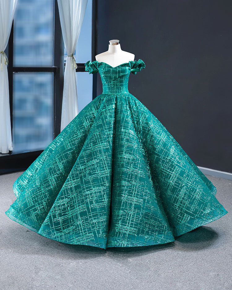 Green Ball Gown Evening Dress with Off the Shoulder Neckline RS210103 Size 16 Green Ball Gown Evening Dress with Off the Shoulder Neckline RS210103 Size 16