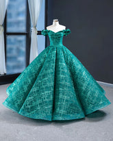 Green Ball Gown Evening Dress with Off the Shoulder Neckline RS210103