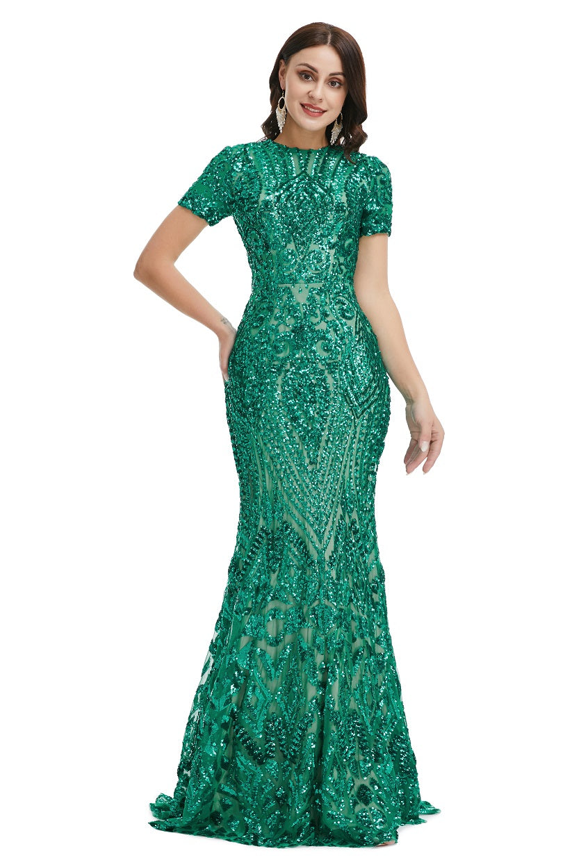 Emerald Green Sequins Modest Maxi Fitted Gala Formal Evening Dress EN5010 Custom Size / Green Emerald Green Sequins Modest Maxi Fitted Gala Formal Evening Dress EN5010 Custom Size / Green