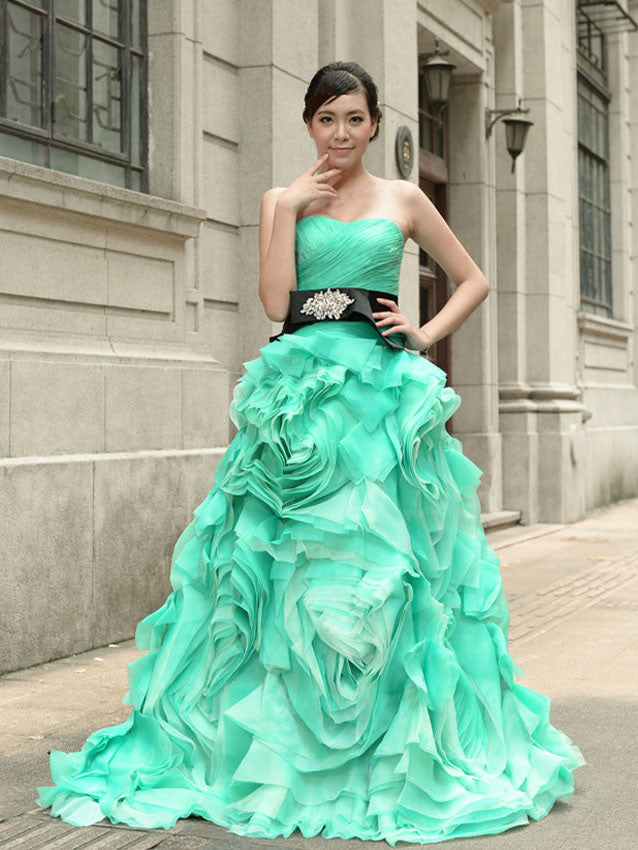 Green Strapless Prom Performance Formal Evening Dress with Ruffle Rose Green Strapless Prom Performance Formal Evening Dress with Ruffle Rose