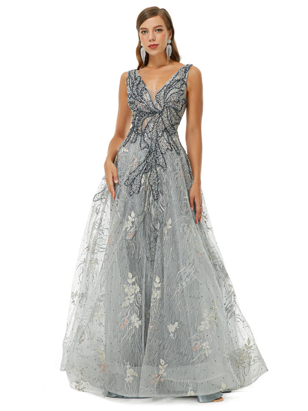 Silver Ball Gown Formal Gala Prom Evening Dress EN4502