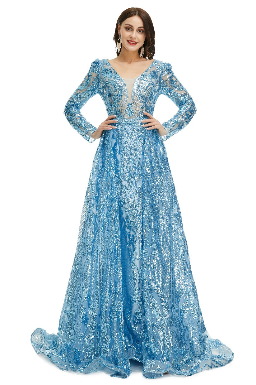 Ice Blue Sequins Formal Gala Prom Evening Dress with Side Slit EN5016 Size 16W / Blue Ice Blue Sequins Formal Gala Prom Evening Dress with Side Slit EN5016 Size 16W / Blue