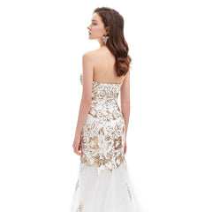 Strapless Ivory and Gold Sequins Fitted Formal Evening Dress EN4604