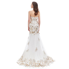 Strapless Ivory and Gold Sequins Fitted Formal Evening Dress EN4604