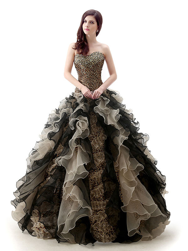 Strapless Leopard Design Black Quinceanera Ball Gown EN111