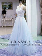 Powder Blue Long Evening Dress with Flowers | K001