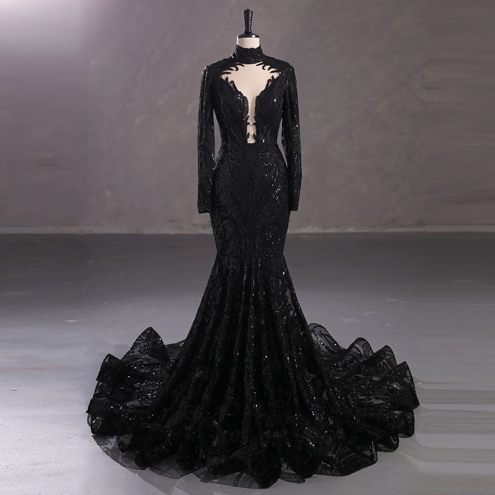 Sexy Long Black Sequins Lace Formal Evening Dress with Halter Neck EN5411 Size 4 / Black Sexy Long Black Sequins Lace Formal Evening Dress with Halter Neck EN5411 Size 4 / Black