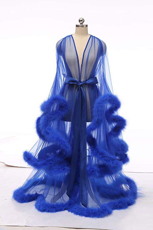 fur dress Blue Long Marabou Fur Edge Robe RB1331 Size L / Blue