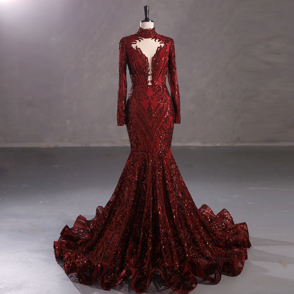 Hot Long Burgundy Sequins Lace Formal Evening Dress with Halter Neck EN5411 Size 4 / Burgundy Hot Long Burgundy Sequins Lace Formal Evening Dress with Halter Neck EN5411 Size 4 / Burgundy