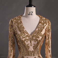 Maxi Gold Sequins Lace Mermaid Formal Evening Prom Dress EN5410