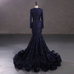 Navy Long Fitted Sequins Lace Mermaid Evening Dress with Plunging Neck EN5405