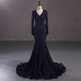 Maxi Navy Sequins Lace Mermaid Formal Evening Prom Dress EN5410