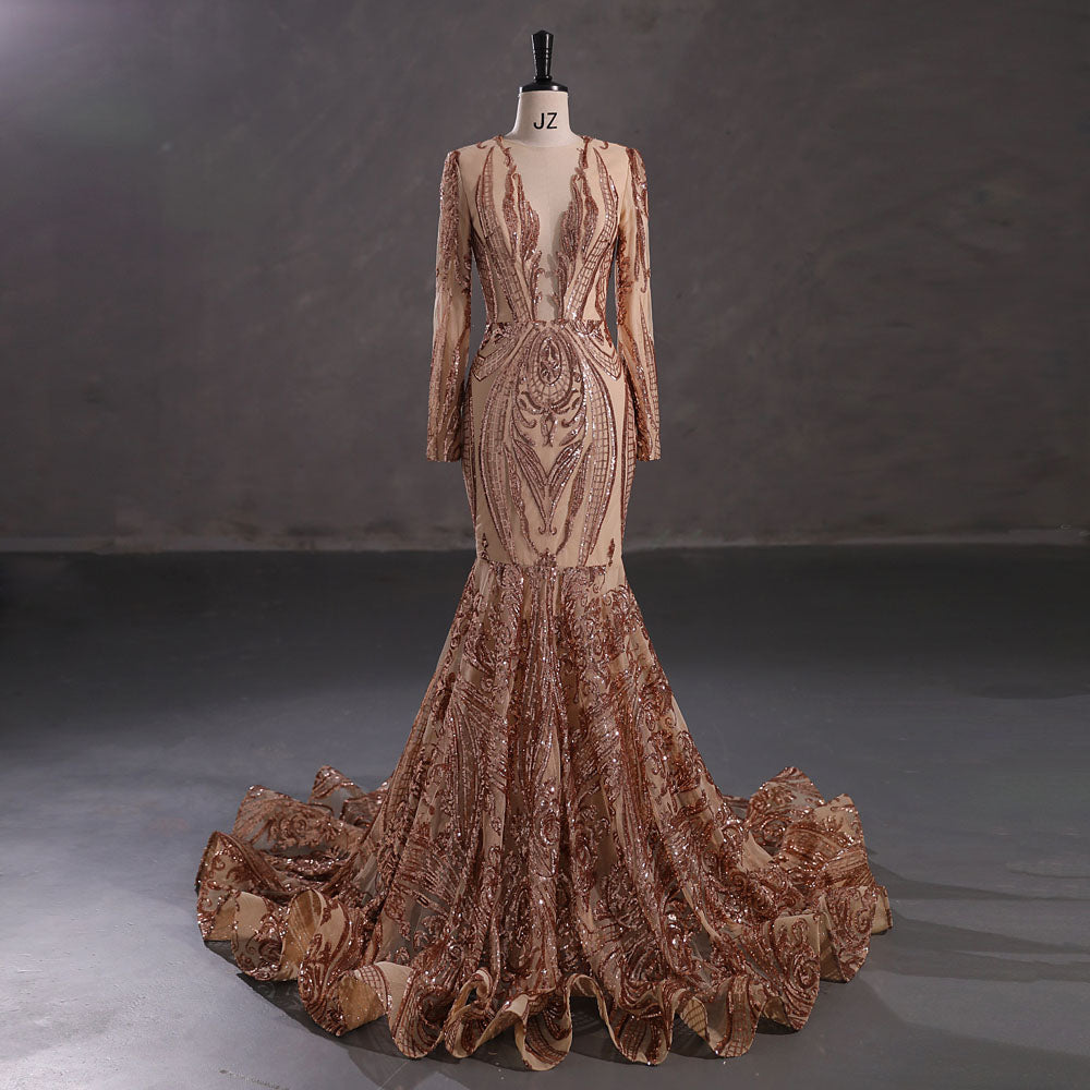 Rose Gold Long Fitted Sequins Lace Mermaid Evening Dress with Plunging Neck EN5405 Size 6 / Rose Gold Rose Gold Long Fitted Sequins Lace Mermaid Evening Dress with Plunging Neck EN5405 Size 6 / Rose Gold