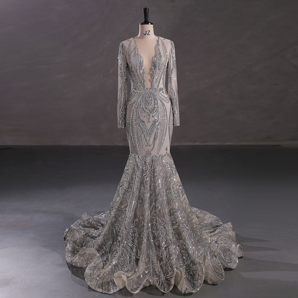 Silver Long Fitted Sequins Lace Mermaid Evening Dress with Plunging Neck EN5405 Size 6 / Silver Silver Long Fitted Sequins Lace Mermaid Evening Dress with Plunging Neck EN5405 Size 6 / Silver