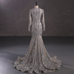 Maxi Silver Sequins Lace Mermaid Formal Evening Prom Dress EN5410