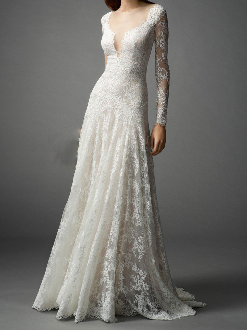 slim a line lace wedding dress 44408: Slim Ball Gown with Plunging Bikini Neckline and V-Side Cutouts